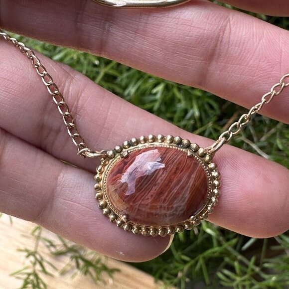 VTG Tie Bar Clip‎ Chain Agatized Arizona Petrified Wood Cabochon Gold Plated 3" - Picture 5 of 7